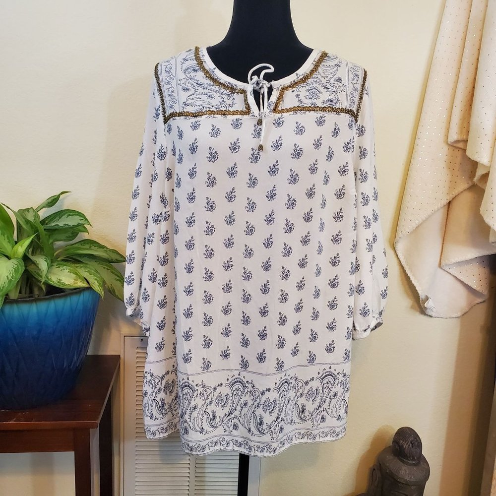 Catherines Women's Blouse, Blue White Floral, Size 1X